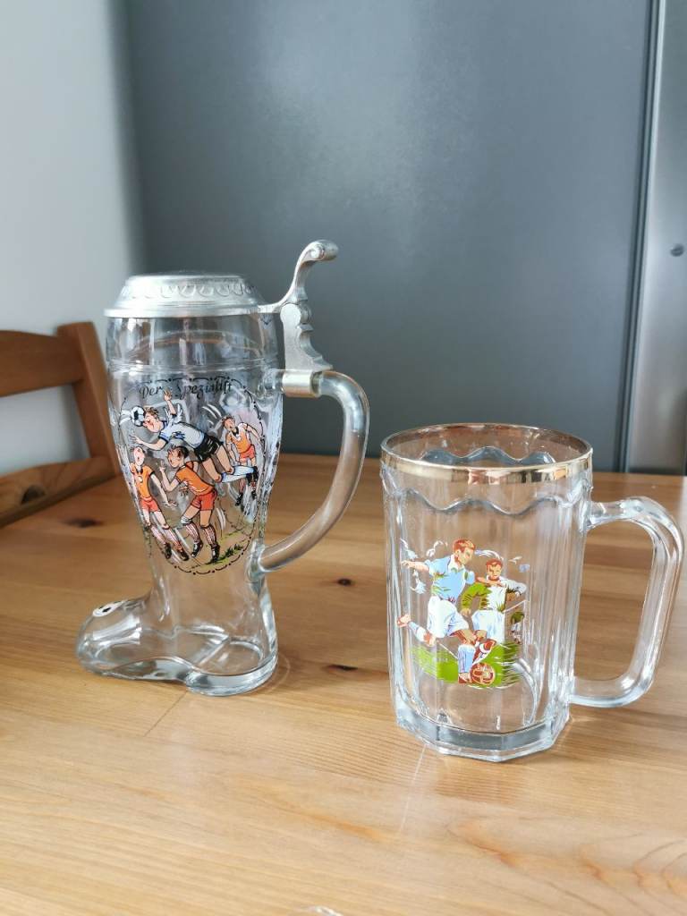 BMF(N) West German Collectable Kitschy Glass beer stein - 1950s soccer motif.  German beer glass 