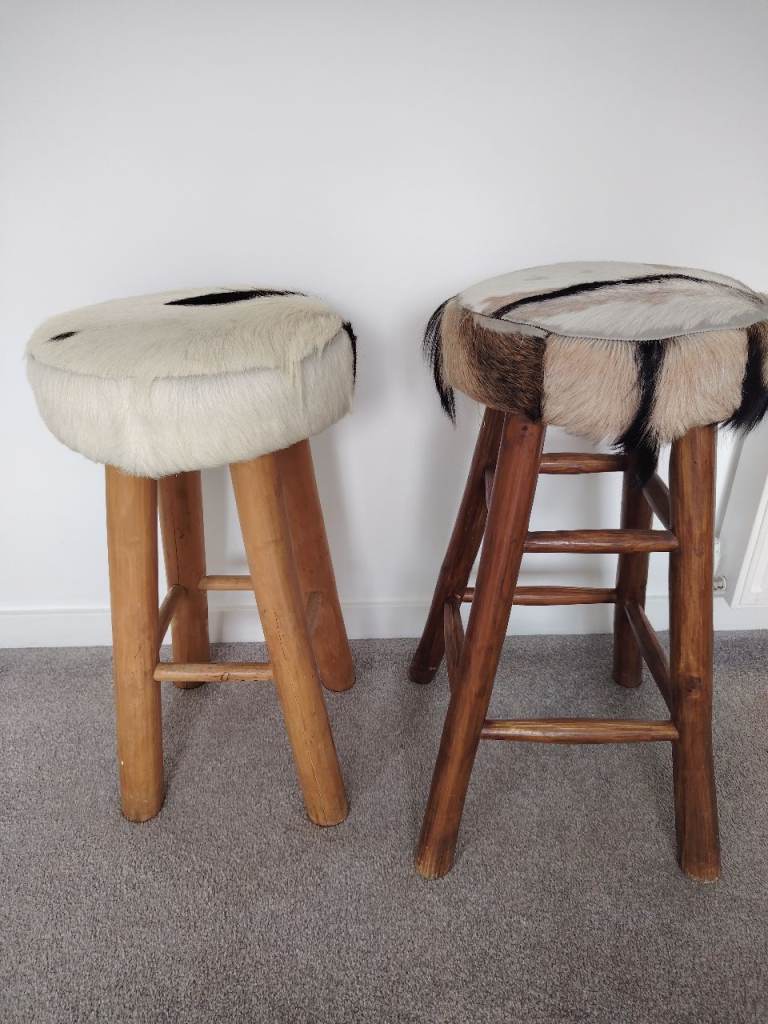 Pair of Wooden Bar Stools with Faux Fur Seats