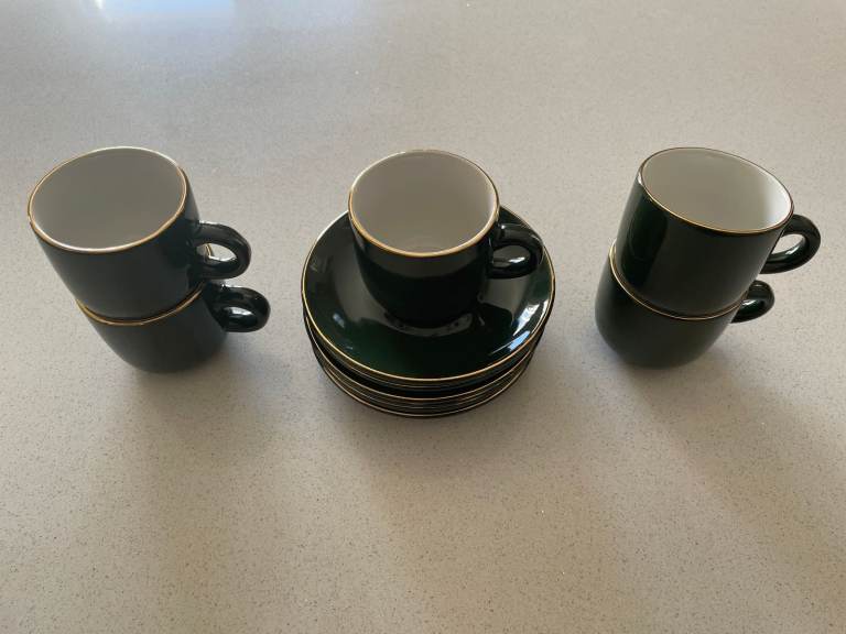 5 Coffee Cups & 6 Saucers (Green with gold edging)