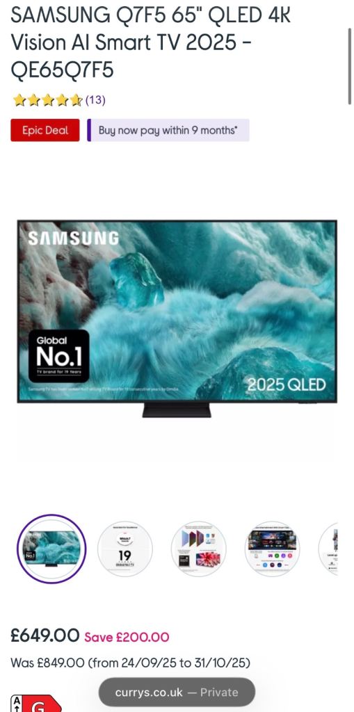 Damaged 65" QLED Q7F5 4K Vision AI Smart TV (2025) QE65Q7F5AUXXU