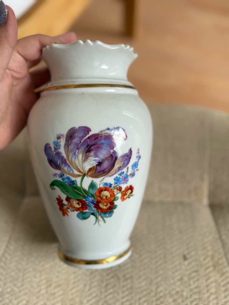 Vintage German Porcelain Floral Vase - Meissen "Twin Towers" Mark
