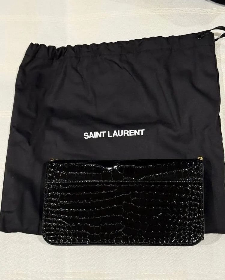 Ysl Cassandre Phone Holder In Leather Black