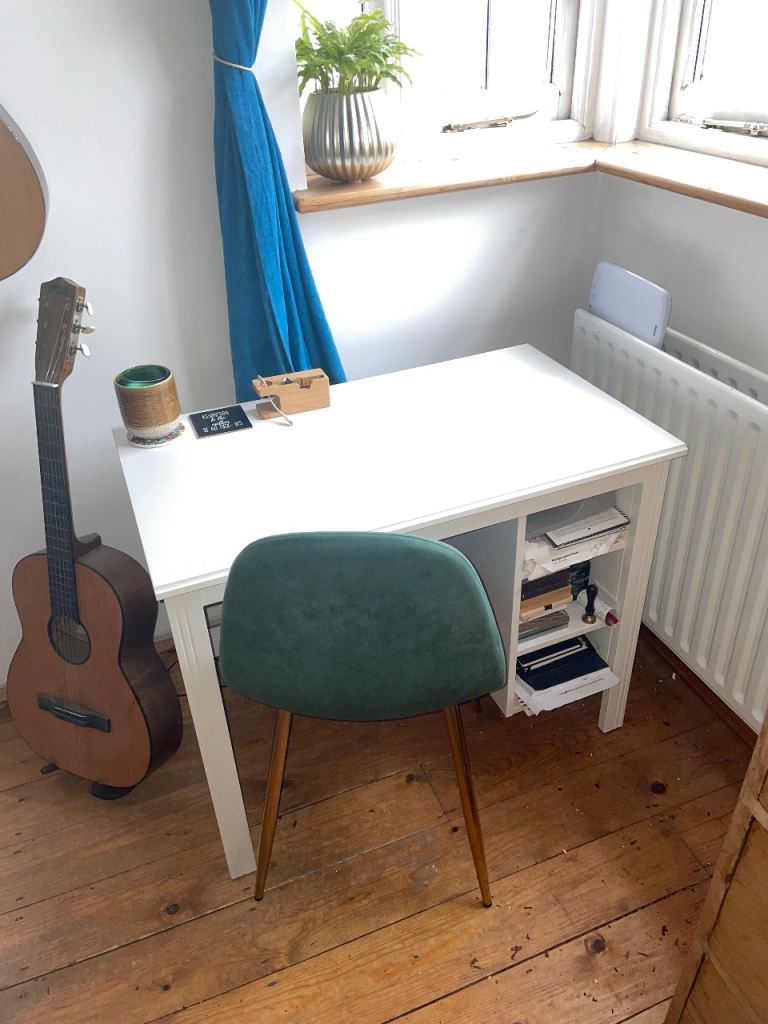 Small white wooden desk plus chair