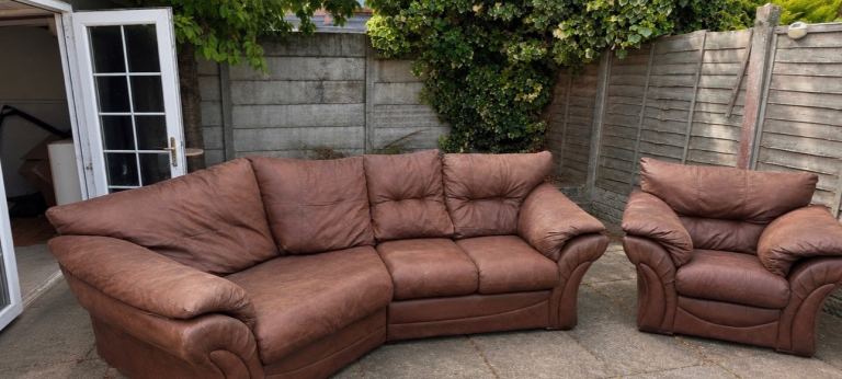 Brown Leather Corner Sofa and Armchair Set – Good Condition