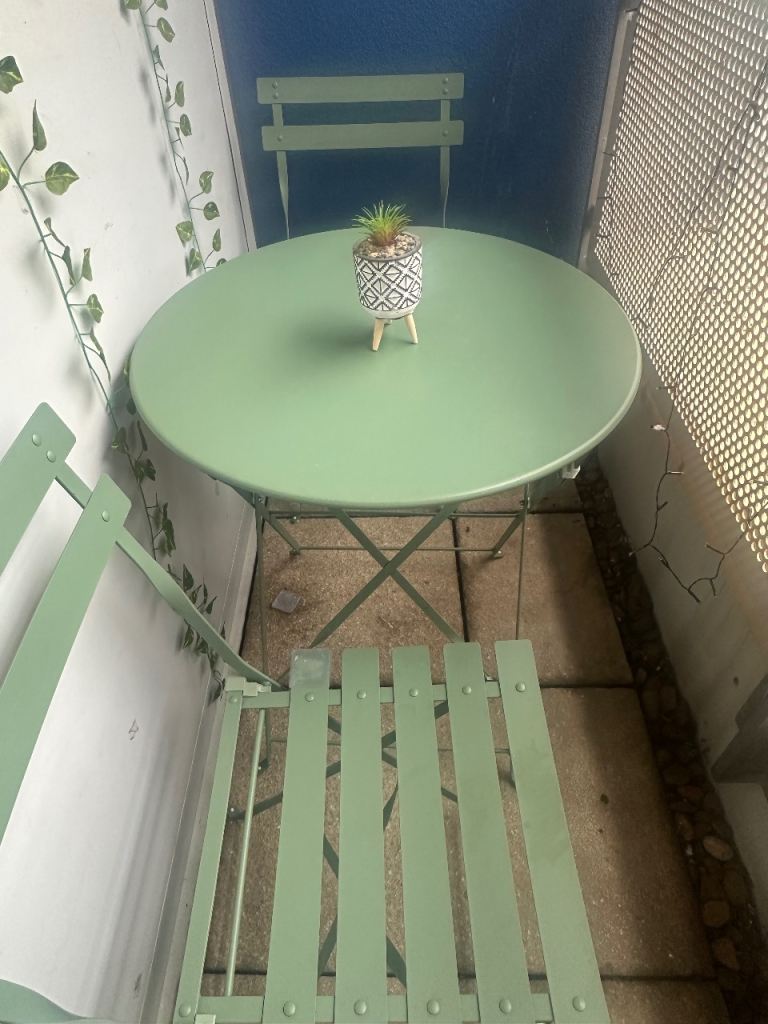 Green Metal Bistro Set - Table and Two Chairs, Good Condition