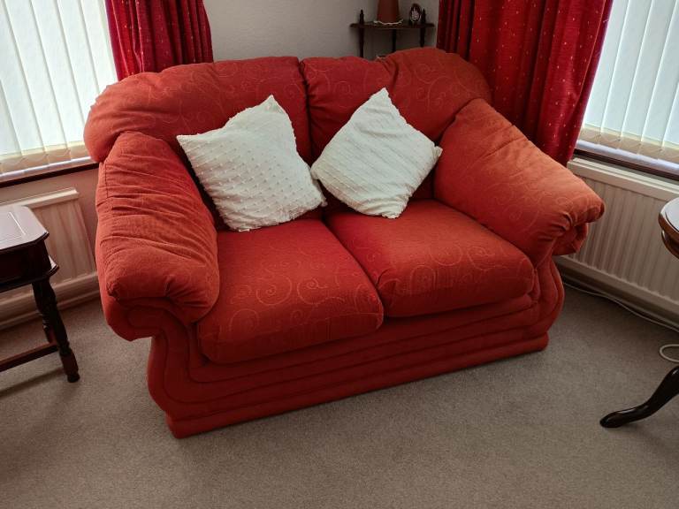 Comfortable Red Two-Seater Sofa x 2 and Matching Armchair