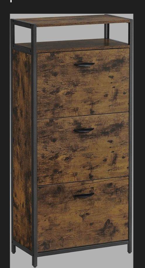 A new still boxed flat packed rustic style with black metal frame Shoe cabinet 