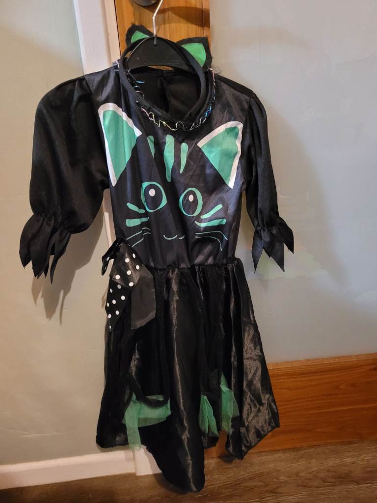 Girls Halloween fancy dress green and black cat dress and headband ears. Good condition. Sz s-m.
