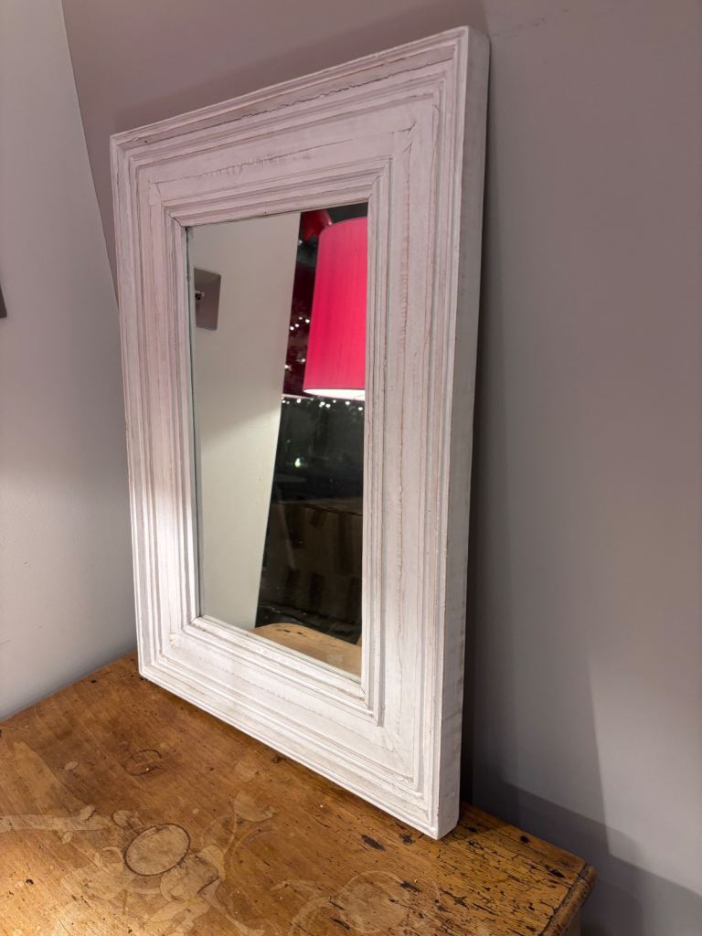 Mirror with large wooden white frame