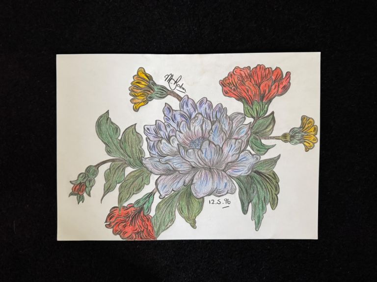 Hand-drawn A4 Floral Art Piece – Multicoloured Coloured Pencil Sketch Drawing -Good Condition