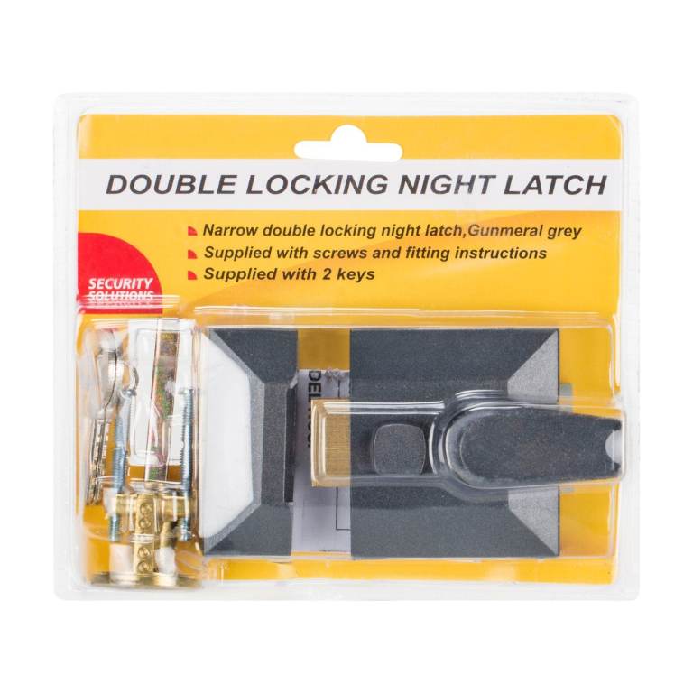 Double Locking Night Latch – Narrow Style Gunmetal chrome Door Lock with 2 Keys