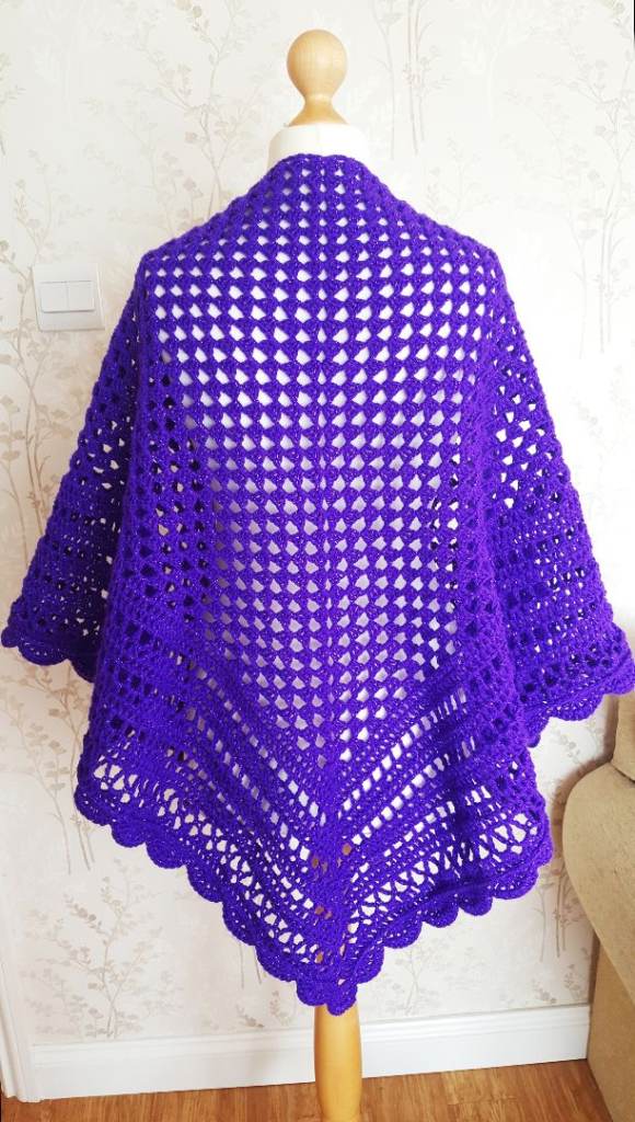 Granny Square Purple Shawl. Handmade Crochet Shoulder Wrap. Oversized Knitted Chunky Scarf
