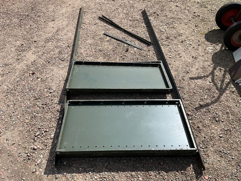 DEXION shelving bays, dismantled for easy transport, 4 or 5 shelf’s 8 foot height. Can be cut down.