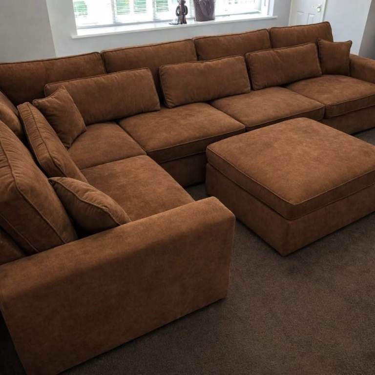 Large Brown Corner Sofa with Ottoman – Good Condition