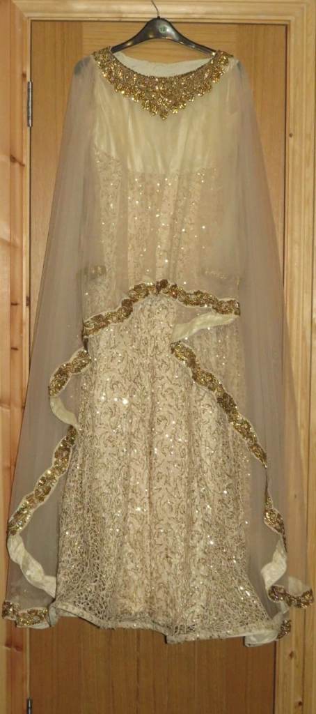 Cream Lace and Net Embroidery Long Indian Wedding Dress