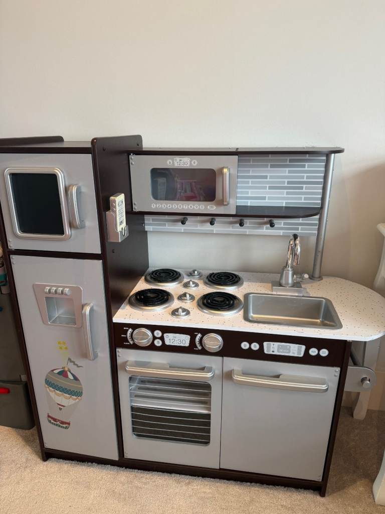 Kids Wooden Play Kitchen & Fridge Set – Grey, Good Condition: with wooden pots,tea and cooking sets