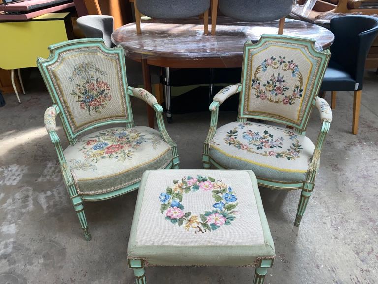 image for TWO QUEEN ANNE FABRIC CHAIRS & MATCHING STOOL GREAT PRE-LOVED CONDITION ,FREE LOCAL DELIVERY