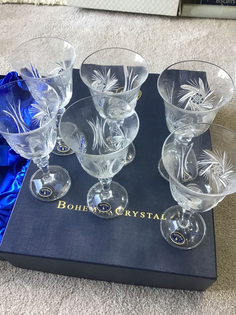 6 Bohemia Crystal Wine Glasses in original box