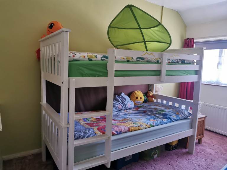 Contemporary solid white wooden bunk bed/2 stakable single beds frame only