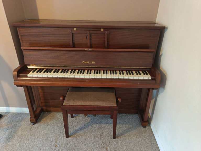 Challen Upright Piano with Matching Bench – Lovely Wood Finish