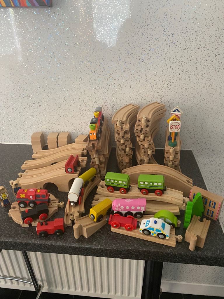 Large Wooden Train Set with Tracks and Carriages