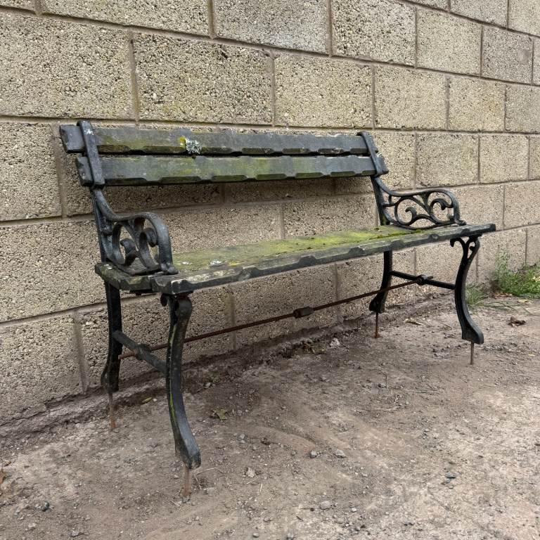 Vintage Garden Bench Cast Metal & Teak Black Ornate Ends Restoration Project (U)