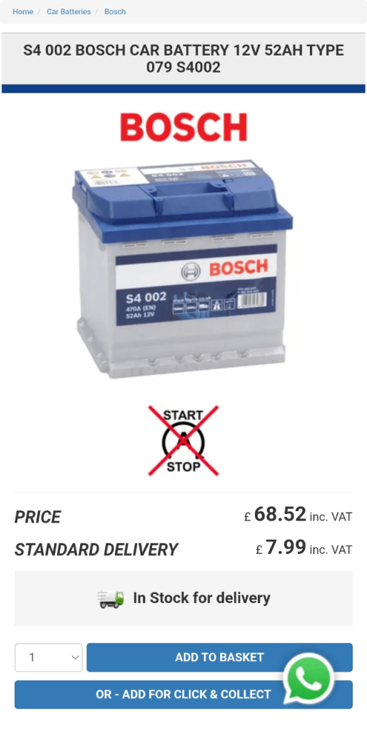 Bosch S4002 - car battery - 52A/h - 470A - lead-acid battery