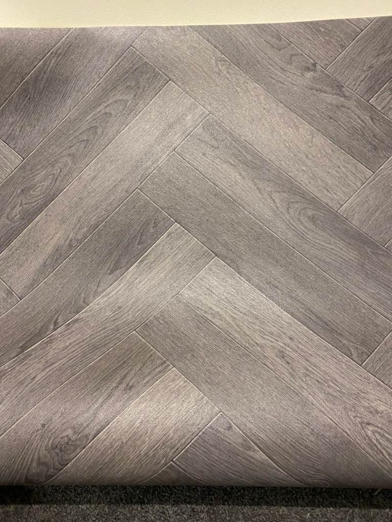 READ THE POST - GREY HERRINGBONE CUSHION VINYL Lino 4m wide x 3.5m long. Supply & fit Option