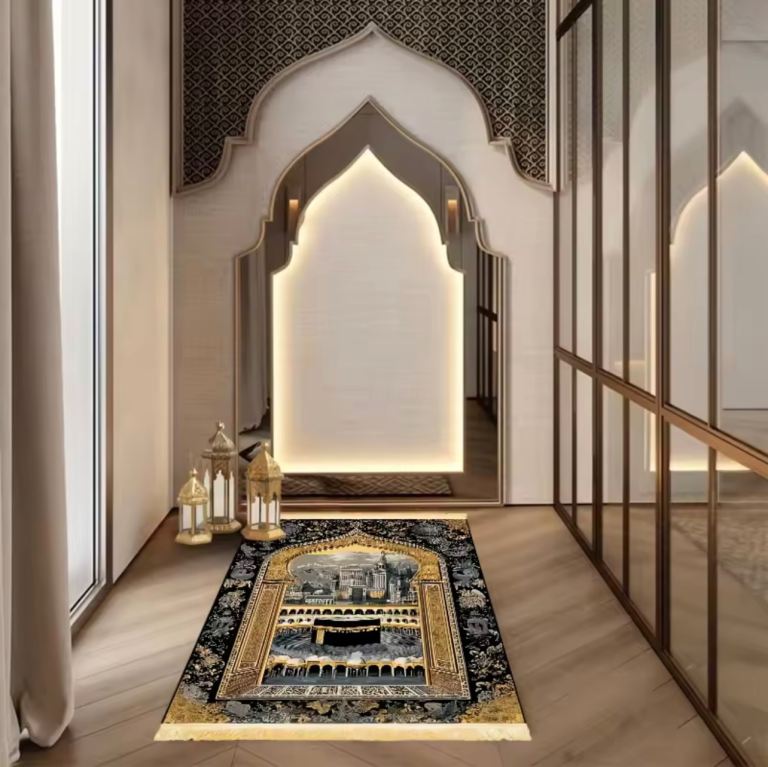 New Islamic Prayer Rug - Black and Gold Design | in Canary Wharf ...