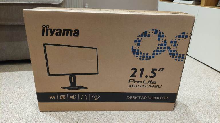 Computer monitor, headset, keyboard and mouse