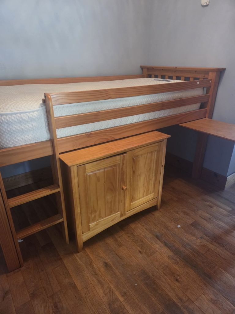 Mid sleeper bed, with desk, drawer and wee cupboard