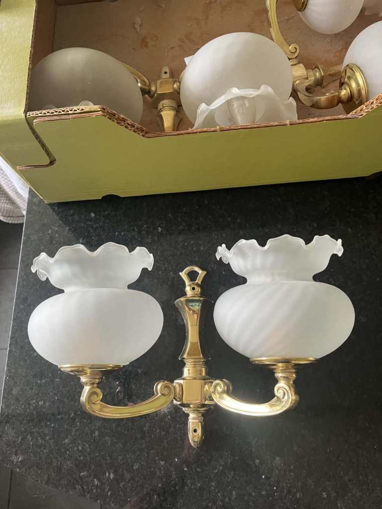 3 sets of Wall Lights - Glass Scalloped Bowls with Brass Finish
