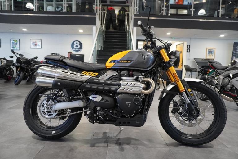 Triumph Scrambler 900, 2026, Mineral Grey/ Yellow. IN STOCK NOW Only £10895