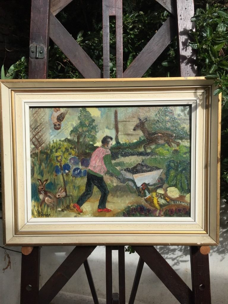 'The Happy Allotmenteer' , Original oil on artist board 1980s painting 