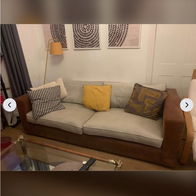 Comfortable Brown Sofa with Light Grey Cushions – Good Condition