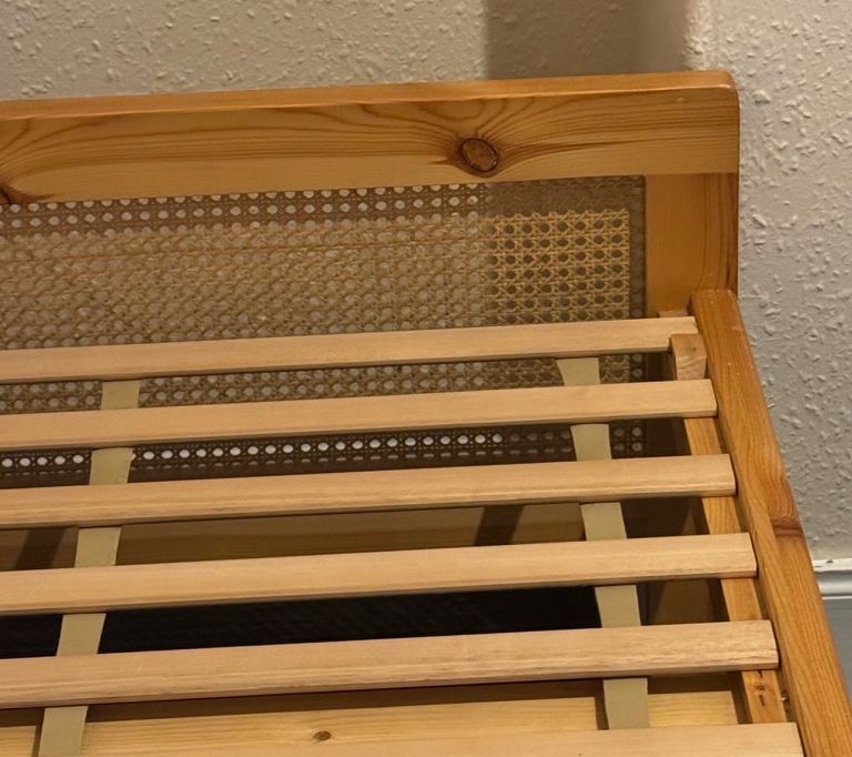 Wooden Bed Frame with Slats and Cane Headboard – Good Condition