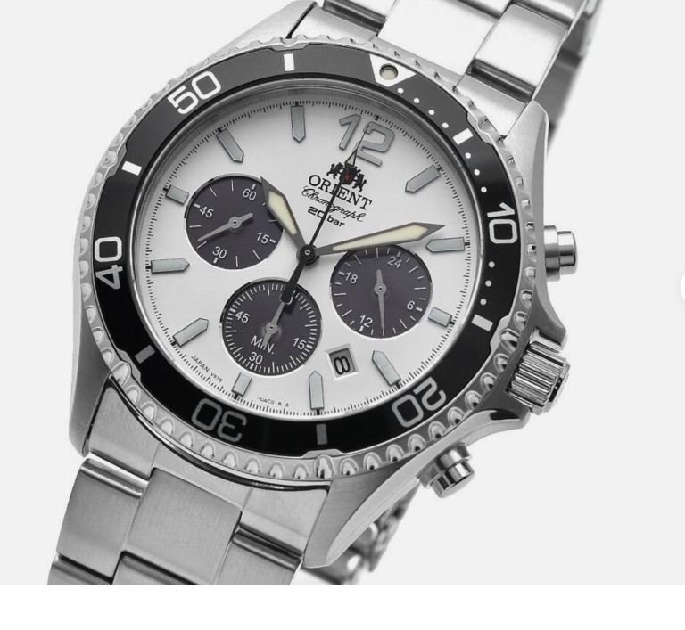 Seiko Orient Mako RN-TX0203S Panda White Dial Solar Analog Chronograph Sapphire Crystal 