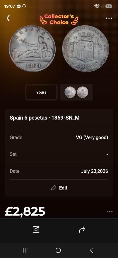 Spain 5 Pesetas Coin - 1869, Very Good Condition