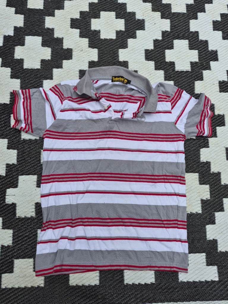 Timberland Striped Polo Shirt - Grey, White & Red, Good Condition