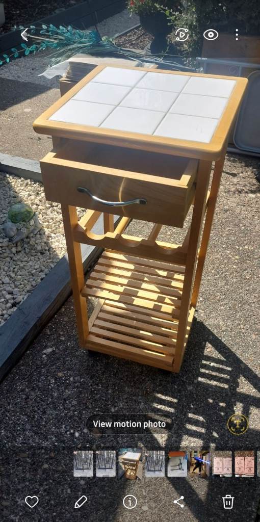 Wooden Kitchen Trolley with Tile Top and Wine Rack – Good Condition