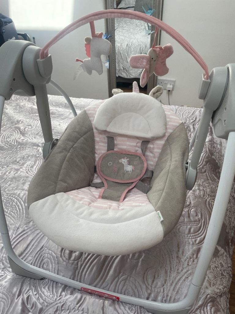 Baby Bouncer/Swing with Toys – Pink and Grey, Good Condition