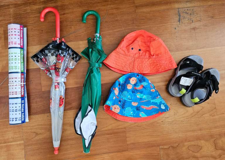 FREE - Kids Shoes, Hats, and Umbrellas Bundle – Good Condition