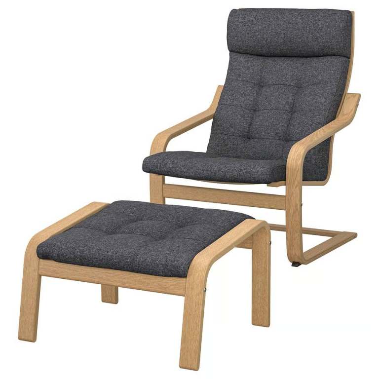 IKEA POÄNG armchair and footstool, oak veneer / dark grey. Lovely condition.