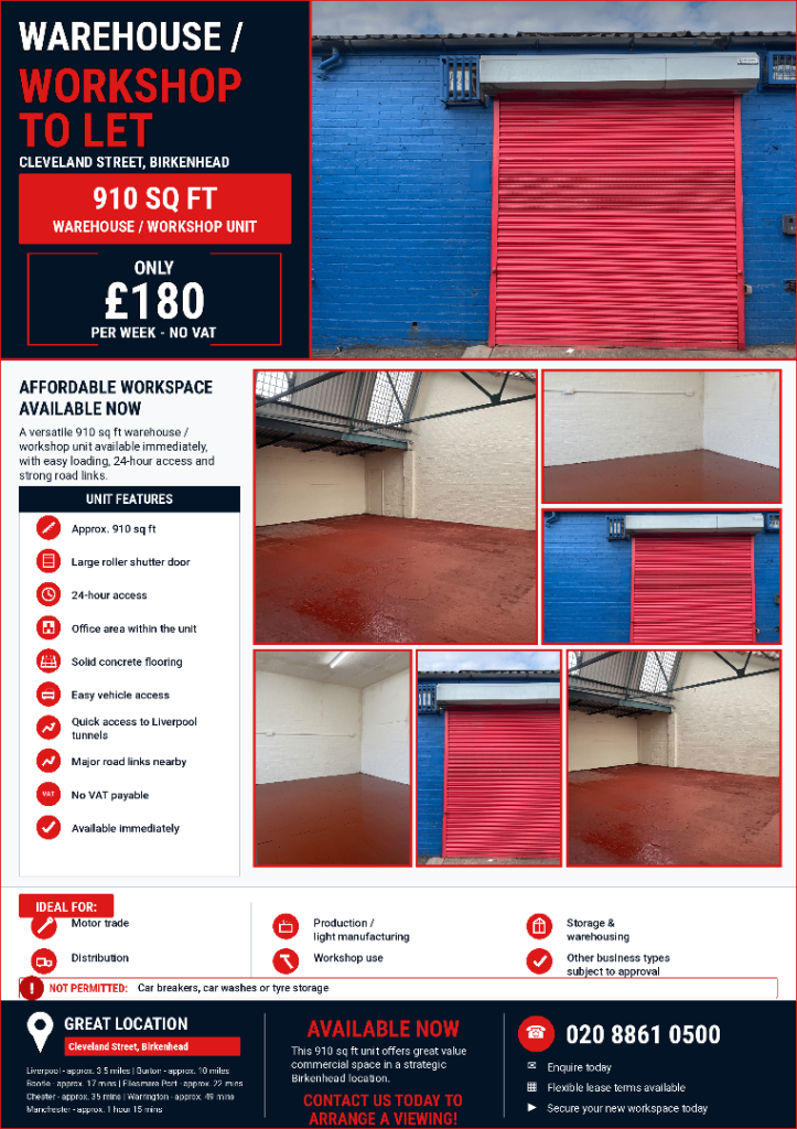  910 sq ft unit ideal for a range of businesses with excellent transport links. No deposit! CH41