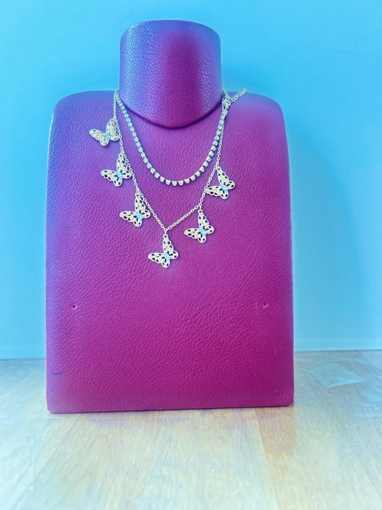 Gold layered stone set chain and butterfly pendant necklace