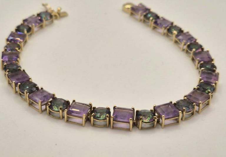 9ct yellow gold, amethyst and mystic topaz bracelet,
