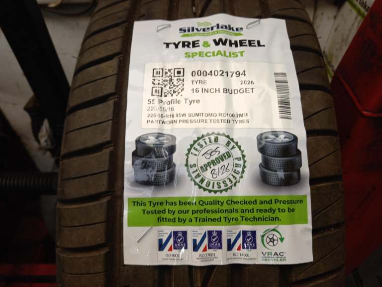 225-55-R16 95w Sumitomo Rc100 7mm Partworn Pressure Tested Tyres