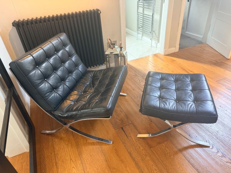 Leather Barcelona Chair and Matching Foot Stool