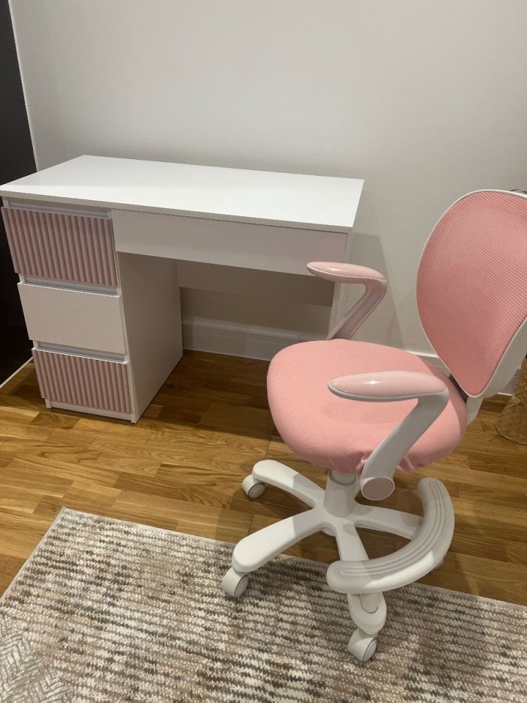 White Desk with Pink Drawers and Matching Pink Office Chair