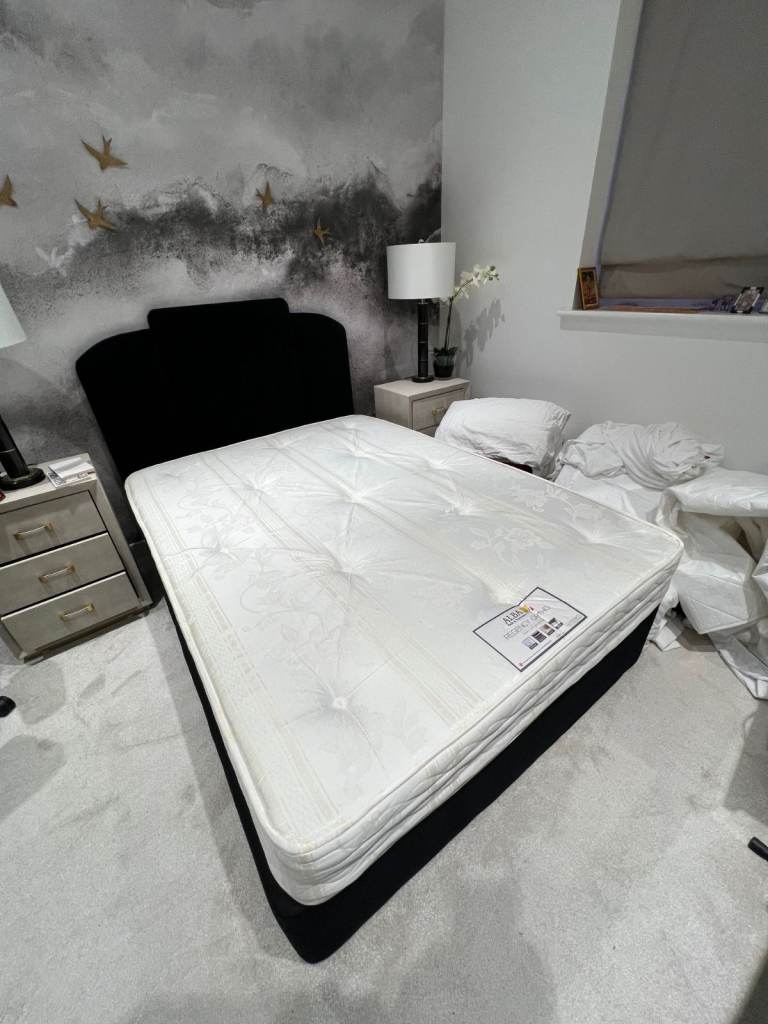 Double Divan Bed with Velvet Headboard and Mattress — Very Lightly Used